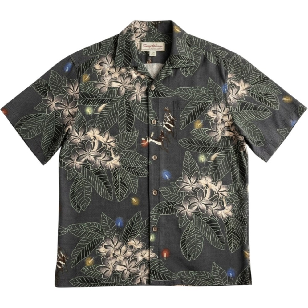 Tommy Bahama Shirt Mens Medium Gray Silk‎ Hawaiian Button Up Christmas Lights